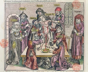 Martyrium des Simon von Trient, nach einem Holzschnitt im „Liber Chronicarum Mundi“, veröffentlicht in Nürnberg, 1493