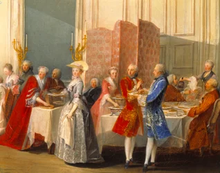 Buffet mit Gästen neben einem Paravent. Detail von „Le Thé à l