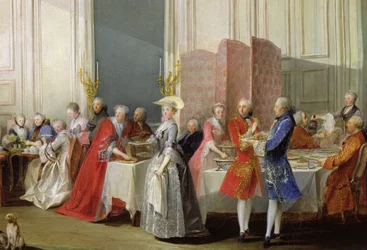 Englischer Tee im Salon des Quatre Glaces im Haus des Prinzen de Conti (1717-76), Palais du Temple, Detail der Gäste, 1766