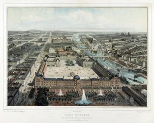 Paris Moderne - Les Tuileries, der Louvre und die Rue de Rivoli, Blick vom Jardin des Tuileries (Nordwesten), veröffentlicht 1850