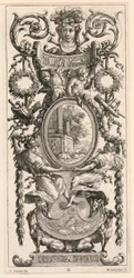 Ornamenttafel mit einem Kopf, flankiert von Laubwerk, Platte 11 aus dem Livre de Diverses Grotesques peintes dans le Cabinet et Bains de la Reyne Regente, au Palais Royale
