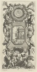 Ornamentales Panel mit einer Büste einer Frau und zwei Putti mit flammenden Trompeten