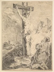 Maria Magdalena betet am Fuß des Kreuzes