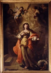 Heilige Margarete. In seiner Hand ein Kruzifix und zu seinen Füßen der Drache