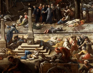 Ansicht des Rathauses während der Pest von 1720