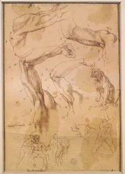 Ms H 184 fol.202 Studien von erhobenen Armen, einer Wildkatze und einer Gruppe von Figuren