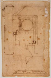 Abschnitt des Kapitells, Fassadenplan und Skizzen mit autographischen Maßangaben