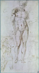 Studie für den stehenden, nackten Apollo (ehemals Merkur) mit einem über die Schultern drapierten Umhang und die Figur eines Mannes, der eine Last trägt