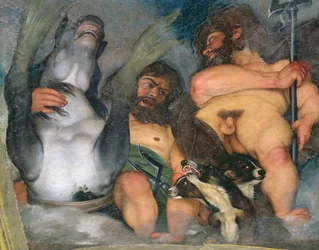 Allegorie der Elemente, des Universums und der Tierkreiszeichen (Detail von Neptun und Triton mit Cerberus)