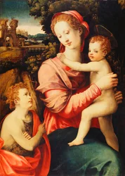Die Madonna und das Kind mit dem kleinen Johannes dem Täufer, eine bewaldete Flusslandschaft mit einem imaginären Palast im Hintergrund