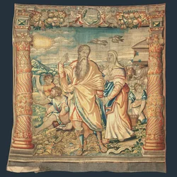 Brüsseler biblischer Wandteppich, der den Abstieg aus der Arche darstellt, aus der Serie "Das Leben Noahs", von Paulus van Nieuvenhove