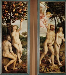 Der Sündenfall und die Vertreibung aus dem Paradies (zwei Flügel eines Altars)
