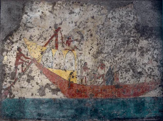 Ägyptische Antike: Ägyptisches Kriegsschiff. Fresko aus einem Grab. 2000 v. Chr. Turin, Museo Egizio