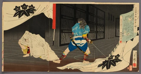Tokimune (Soga Goro) schleicht sich in Yoritomos Residenz ein (Tokimune Kamakura-dono no kariya o sawagasu)