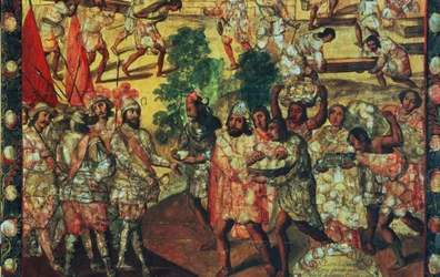 Detail von Hernan Cortes (1485-1547) betritt Cempoal und empfängt Häuptling Gordo (Quauhtlaebana), der Fleisch und Geschenke an alle Spanier überreicht