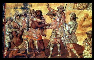 Detail der Konquistadoren, die zwei Spionen von Xicotencatl die Hände abschneiden