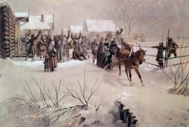 Zar Alexander II. (1818-1881) in einem Schlitten durchquert ein verschneites Dorf. Aquarell von Mihály von Zichy (1827-1906) 19. Jahrhundert Sankt Petersburg, Schloss Peterhof