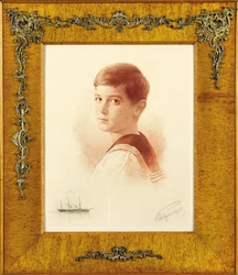 Porträt des Thronfolgers Zarewitsch Alexei Nikolajewitsch von Russland mit einer Remarque-Darstellung der kaiserlichen Yacht, 1913