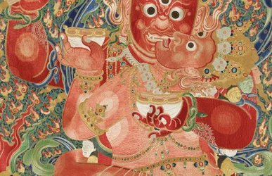 Detail der kaiserlichen bestickten Seiden-Thangka