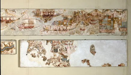 Minoische Kunst: „Flottenexpedition“. Fresko aus Akrotiri auf Santorin. 16. Jahrhundert v. Chr. Archäologisches Nationalmuseum, Athen