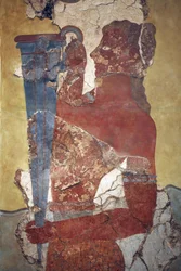 Minoische Kunst. Der „Mundschenk“, eine Figur aus dem Prozessionsfresko. Originalgetreue Rekonstruktion anhand der wenigen Fragmente, die A. Evans an der archäologischen Stätte von Knossos fand und die heute im Archäologischen Museum von Iraklio