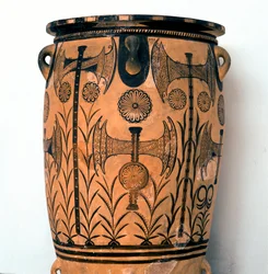Minoische Kunst: Terrakottavase aus der Neupalatialzeit mit Symbolen der Gottheiten und Darstellungen von Himmel und Erde sowie der Doppelaxt, Symbol der kretischen Zivilisation. Aus Knossos, Heraklion, Archäologisches Museum Kreta