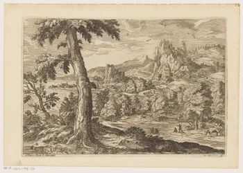 Landschaft mit Figuren entlang eines Flusses