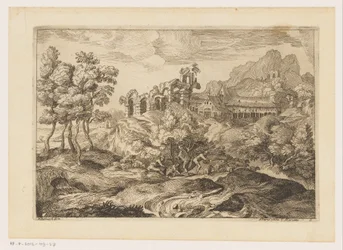 Landschaft mit Hirten und einer Herde bei einer Ruine