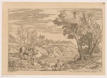 Landschaft mit Mann, der mit Pferd einen Fluss überquert