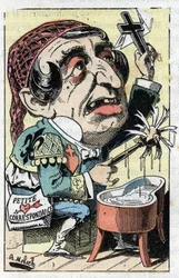 Allegorie der französischen Zeitung Le Figaro in „Le Trombinoscope“ von Touchatout, Karikatur von B. Moloch von 1882 (1849-1909). Private Sammlung