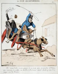 HE. EX. EX. Motoredons: Karikatur des Transports in der Stadt. Ein Kutscher fährt einen Bürger in rasendem Tempo durch die Stadt, weil dieser sich weigert, ihn rechtzeitig zu bezahlen, aber für die Fahrt bezahlen will. Zeichnung von Moloch (1849-1909), um 