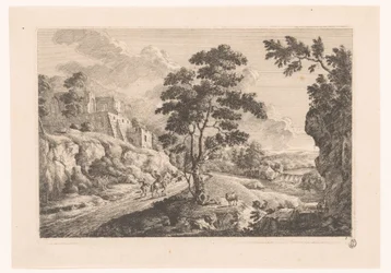 Landschaft mit Häusern auf einem Berg