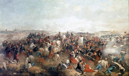 Schlacht von Palestro: die Zuaven. In der Mitte Viktor Emanuel II