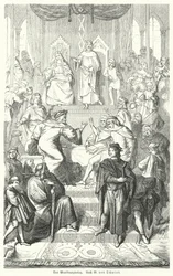 Der Sängerkrieg, ein Wettstreit zwischen Minnesängern auf der Wartburg in Thüringen im Jahr 1207 (Stich)