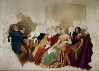 Ein Abend bei Baron Spaun, Schubert am Klavier, Tenor Johann Michael Vogl neben ihm