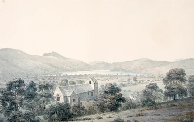 Blick auf den Bala-See, Llyntagit, von oberhalb der Llanfawr-Kirche, Meirionethshire