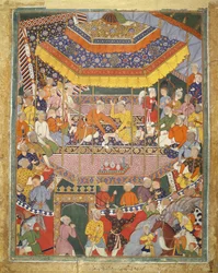 Alamshah spricht mit Qubad, Illustration aus dem Hamza Nama, ca. 1555-57