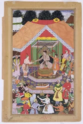 Kaiser Akbar (r.1556-1605) wird von seinem Pflegebruder Azim Khan in Dipalpur, Punjab, 1571 unterhalten, aus dem Akbarnama von Abul Fazi, 1590-98