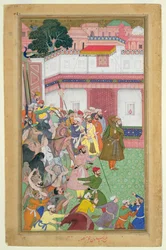 Fatepur Sikiri, 1573: Hasain Quli Khan-l Jahan präsentiert seine Gefangenen Kaiser Akbar (r.1556-1605), aus dem Akbarnama von Abul Fazi, 1590-98