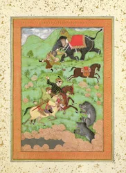 Rajput-Prinzen jagen Bären; ein Mahout und sein Elefant retten einen gefallenen Reiter vor einem Tiger, aus dem Large Clive Album