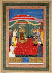 Der Mogulkaiser Babur (1526-30) sitzt auf einem Thron und empfängt einen Prinzen, Johnson Album I, Nr.3 nummeriert 65