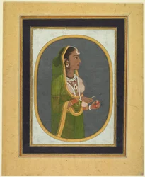 Hofdame schenkt Wein ein, ca. 1760; Ränder ca. 1830er Jahre (deckende Aquarellfarbe, Tinte und Gold auf Papier)