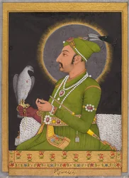 Posthumes Porträt des Mogulkaisers Muhammad Shah (regierte 1719-1748) mit einem Falken (recto)