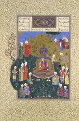 Buzurjmihr erscheint bei Nushirvans fünfter Versammlung, Folio 622r aus dem Shahnama, ca. 1530-35