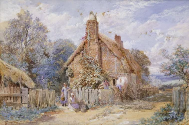 Kinder bei einem strohgedeckten Cottage in Chiddingfold