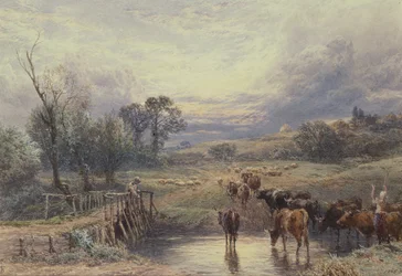 Landschaft mit Rindern und Brücke