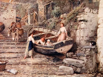 Ansicht von Clovelly, mit gestrandeten Booten und Figuren, 1882