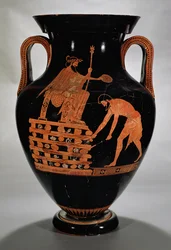 Attische rotfigurige Bauchamphore, die Kroisos auf seinem Scheiterhaufen zeigt, aus Vulci, ca. 500-490 v. Chr.