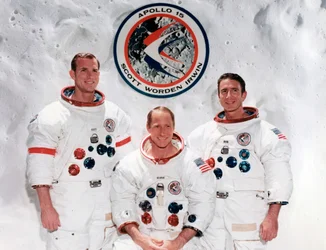 Die Besatzung der Apollo-15-Mission im bemannten Raumfahrtzentrum, Houston, Texas, 1971