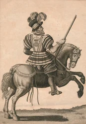 Ein Yeoman der Garde, der Königin Elizabeth auf einer Reise begleitet, um 1800